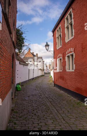 A narrow cobblestone alley in Ghent, Belgium, lined with red and white brick houses, green trash bags on the ground, old lantern lamp, and rooftops vi Stock Photo