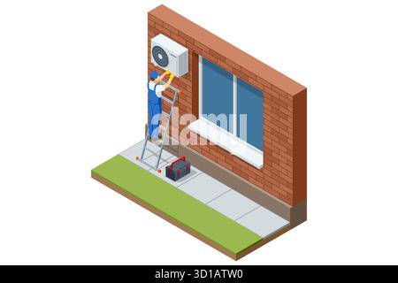 Isometric technician on ladder installing outdoor air conditioner unit on building wall. Concept of HVAC repair and installation. Maintenance, HVAC Stock Vector