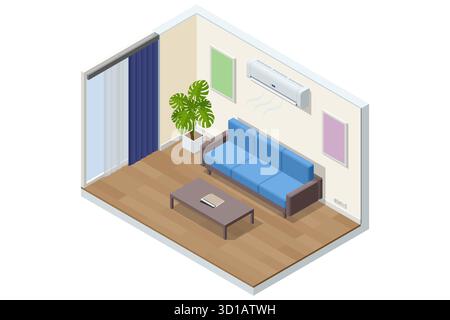 Isometric living room interior with split air conditioner and outdoor unit installation. Concept of home cooling and HVAC system. Maintenance, HVAC Stock Vector