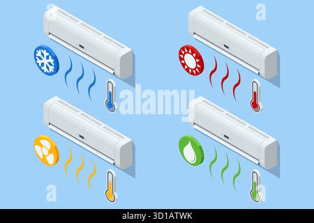 Isometric air conditioner modes set: cooling, heating, ventilation, and dehumidification. Concept of smart climate control system. Maintenance, HVAC Stock Vector