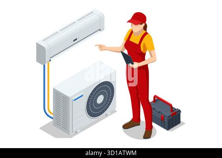 Isometric female technician inspecting split air conditioner system with tablet. Concept of diagnostics, Maintenance, HVAC service, and cooling system Stock Vector