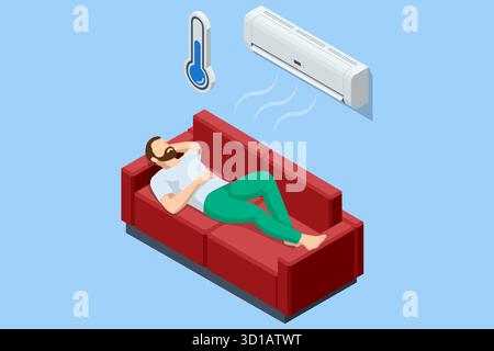 Isometric woman lying on sofa with remote control using air conditioner. Concept of comfort, cooling, and home climate system. Maintenance, HVAC Stock Vector