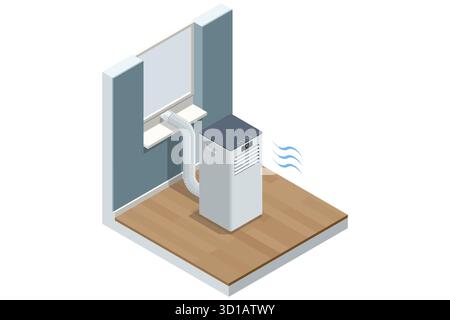 Isometric portable air conditioner near window with ventilation hose. Concept of home cooling, mobile AC, and indoor climate control. Maintenance Stock Vector