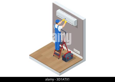 Isometric technician cleaning wall air conditioner indoor unit. Concept of maintenance, HVAC service, and cooling system repair. Stock Vector
