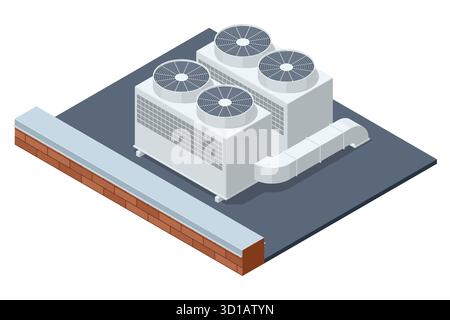 Isometric industrial rooftop air conditioning system with ventilation fans. Concept of HVAC technology, energy, and climate control. Stock Vector