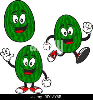 Watermelon Mascot Set 01, Hand Drawn illustrations of Watermelon Mascots in various poses. Stock Vector