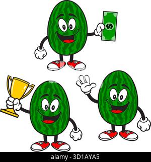 Watermelon Mascot Set 04, Hand Drawn illustrations of Watermelon Mascots in various poses. Stock Vector