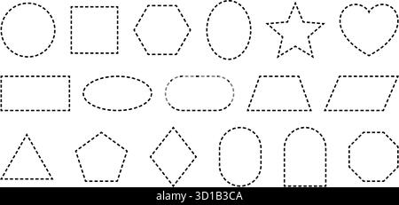 Dash line borders. Dotted outlines of squares, circles, and rectangles. Patch frames with stitches. Stock Vector