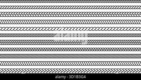 Rope line pattern. Knitted cord from braid. Nautical vintage cable. Stripes with ornaments for decorating designer templates. Stock Vector