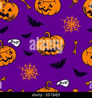 Halloween hand drawn seamless pattern. Cross rip and bat, dead eye and witch hat. Pumpkin spider and scary house, bats flying and ghosts for holiday. Stock Vector