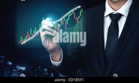 Businessman Analyzing Financial Data with Stock Market Graphs and Trend Lines in Modern Office Environment Impute. Stock Photo