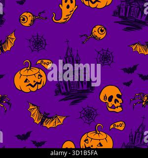Halloween hand drawn seamless pattern. Cross rip and bat, dead eye and witch hat. Pumpkin spider and scary house, bats flying and ghosts for holiday. Stock Vector