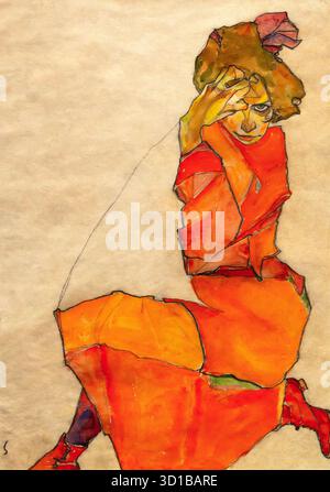 knee length dresses for ladies Woman in Orange Dress - Egon Schiele | Art