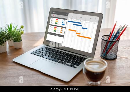 Project planning software for modish business project management on the computer screen showing timeline chart of the team project Stock Photo