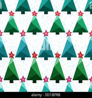 Seamless pattern of random christmas trees. Horizontal rows of geometric spruce. Green Christmas trees with red star on snowly background. Winter desi Stock Vector