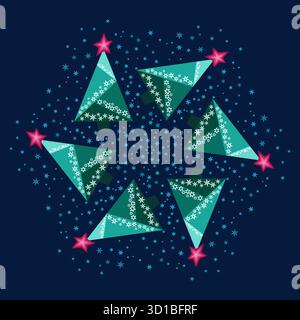 Snowy winter night. Round ornament of Christmas trees and snowflakes on dark background. Geometric spruce of triangles. A winter design element for ho Stock Vector