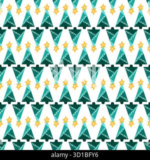 Green Christmas trees with red star on white background. Seamless pattern of random christmas trees. Geometric spruce of triangles. A winter design el Stock Vector