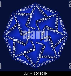 Bright blue winter mandala. White snowflakes on dark blue geometric background. Snowy winter night. Wintery round design element for holiday decor. Stock Vector