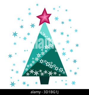 A green Christmas tree with red star against a background of snowflakes. The tree is decorated with snowflakes. Geometric spruce of triangles. A winte Stock Vector