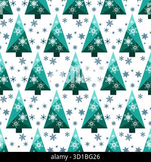Green Christmas trees and snowflakes on white background. Seamless pattern of christmas trees. Geometric spruce of triangles. A winter design element Stock Vector