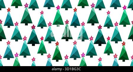 Green Christmas trees with red star on white background. Seamless pattern of random christmas trees. Geometric spruce of triangles. A winter design el Stock Vector
