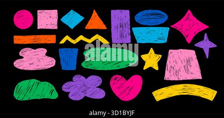 Abstract Freeform set. Curvature Chalk Colorful Hand Drawn various Shapes, Curls, Geometric Forms, Heart, Star and doodle objects. Isolated textured Stock Vector