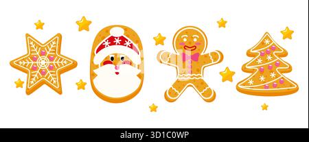 Set of decorated gingerbread cookies. Sweet New Year's baking. Christmas Star, Santa Claus, man, and Christmas tree, surrounded by yellow stars. Stock Vector