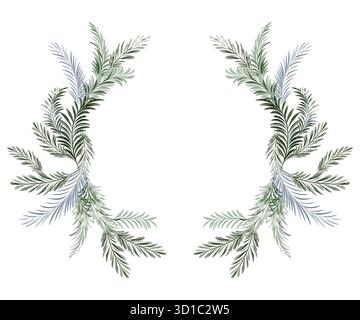 Pine wreath watercolor illustration. Circular evergreen frame features ...