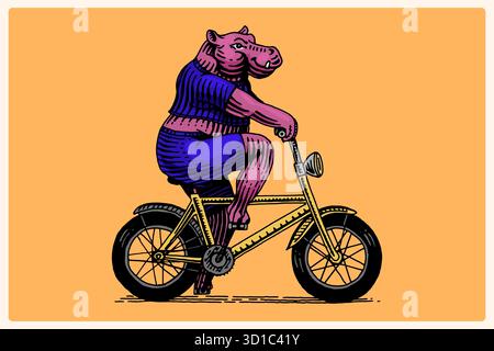 Cute hippo on a bicycle, biker. Animal character on vehicle. Modern concept in vintage look. Hand drawn engraving, woodcut style for sport events Stock Vector