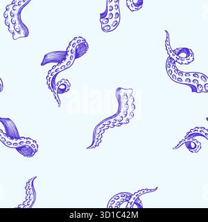 Octopus tentacles. Engraved seamless pattern hand drawn in old sketch, vintage creature. Nautical or marine, monster. Animal in the ocean. Template Stock Vector