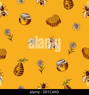 Apiary, beekeeping honey seamless pattern. Jars and a bee . Hand drawn spoon, honeycomb. Clover and chamomile. Engraved elements for your design. Stock Vector