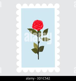 A postage stamp depicting a lush, bright red rose on a stem. Vector illustration isolated on a gray background. Stock Vector