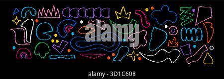 Outline Colorful Curvature Crayon Freeform set. Abstract Hand Drawn Shapes, Curls, Geometric Forms and doodle objects on Black. Isolated textured Ink Stock Vector