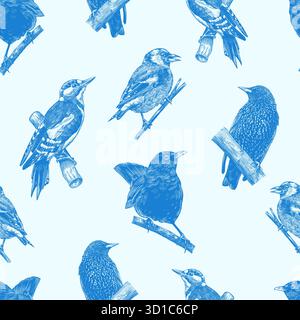 Blue forest birds seamless pattern. Toile de Jouy different species from European forests. Goldcrest, Thrush fieldfare, Robin. engraving, hatching Stock Vector
