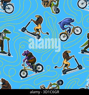Animal characters patterns on vehicles. Sloth on a scooter and dolphin on a bike, lion, bear crocodile, hippo. Hand drawn engraving, woodcut style for Stock Vector