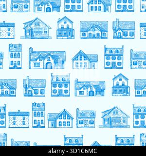 American and European houses seamless pattern. French villa and mansion. Hand drawn, engraved building with one or two floors. Suburban Real estate Stock Vector