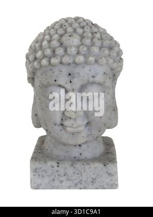 Grey Marble Buddha head sculpture isolated on white background with clipping path. Stone sculpture for the Buddhist religion. A piece of interior. Stock Photo