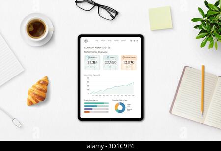 Tablet with company analytics dashboard, coffee, croissant, and notebook on white desk, representing digital marketing performance and data visualizat Stock Photo