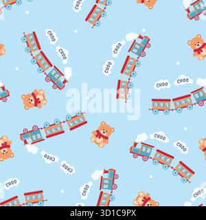 Dreamy Twinkle Stars, Teddy Bear and Choo Choo Train Seamless Pattern. Kids Vector Background. Vector illustration Stock Vector