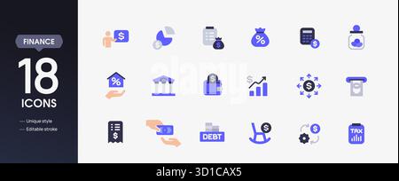 Set of finance related icons. Colorful icons of investing, money management, salary, loan, pension and savings. Design elements for app. Flat vector Stock Vector