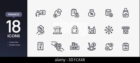 Set of finance related line icons. Simple symbols of money, personal budget, income analysis, bank, wallet, and taxes. Editable stroke. Outline vector Stock Vector