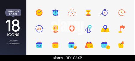 Set of time, date and location icons. Colorful signs with clock, alarm, timer, map with pin, calendar and schedule. Design elements for app. Flat Stock Vector