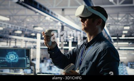 Data center system administrator uses virtual reality tech, improving AI rigs processing speed. Man in server farm wearing VR goggles to provide support for artificial intelligence workloads, camera B Stock Photo