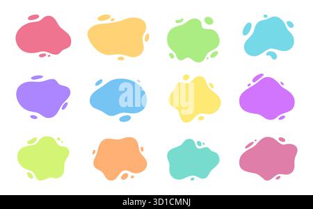 Abstract ink blobs set. Liquid paint forms patches splash vibrant hues. Organic blot shapes. Fluid outlines frames. Smooth spots background. Playful drops blend artistic tones. Clean lively surface Stock Vector