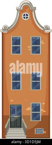 Flat vector illustration of traditional Dutch canal house, orange brick, symmetrical windows, decorative gable Stock Vector