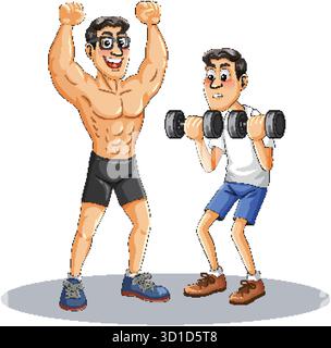 Muscular man celebrates as nervous friend lifts dumbbells, cartoon vector, bright colors, white background Stock Vector