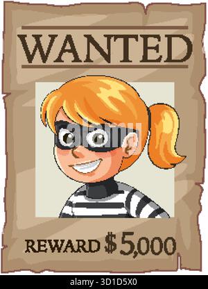 Vector illustration of wanted poster showing masked female thief, cartoon style, brown paper background Stock Vector