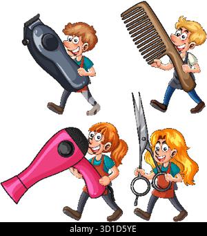 Four cartoon hairdressers walk holding giant scissors, comb, hairdryer, and electric clipper Stock Vector
