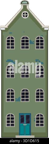 Flat vector of tall green Dutch canal house, arched windows, minimal shading, clean lines Stock Vector