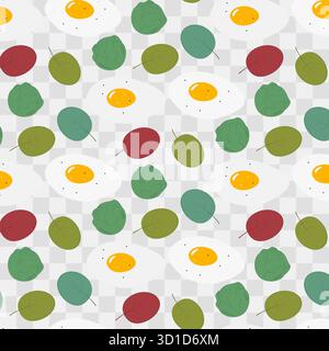 Fried Eggs Greens and Brussels Sprouts Seamless Pattern Healthy Food Minimalist Backdrop Flat Design. Isolated Vector illustration Healthy Eating Related content Recipe Menu cards, price tag, leaflets Stock Vector